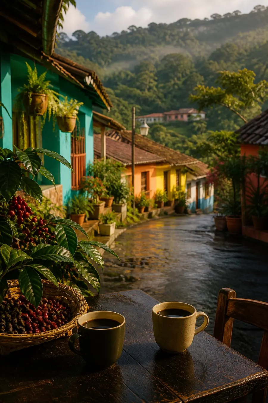 Coffee cups and colorful village street inspired by Ruta de las Flores in El Salvador