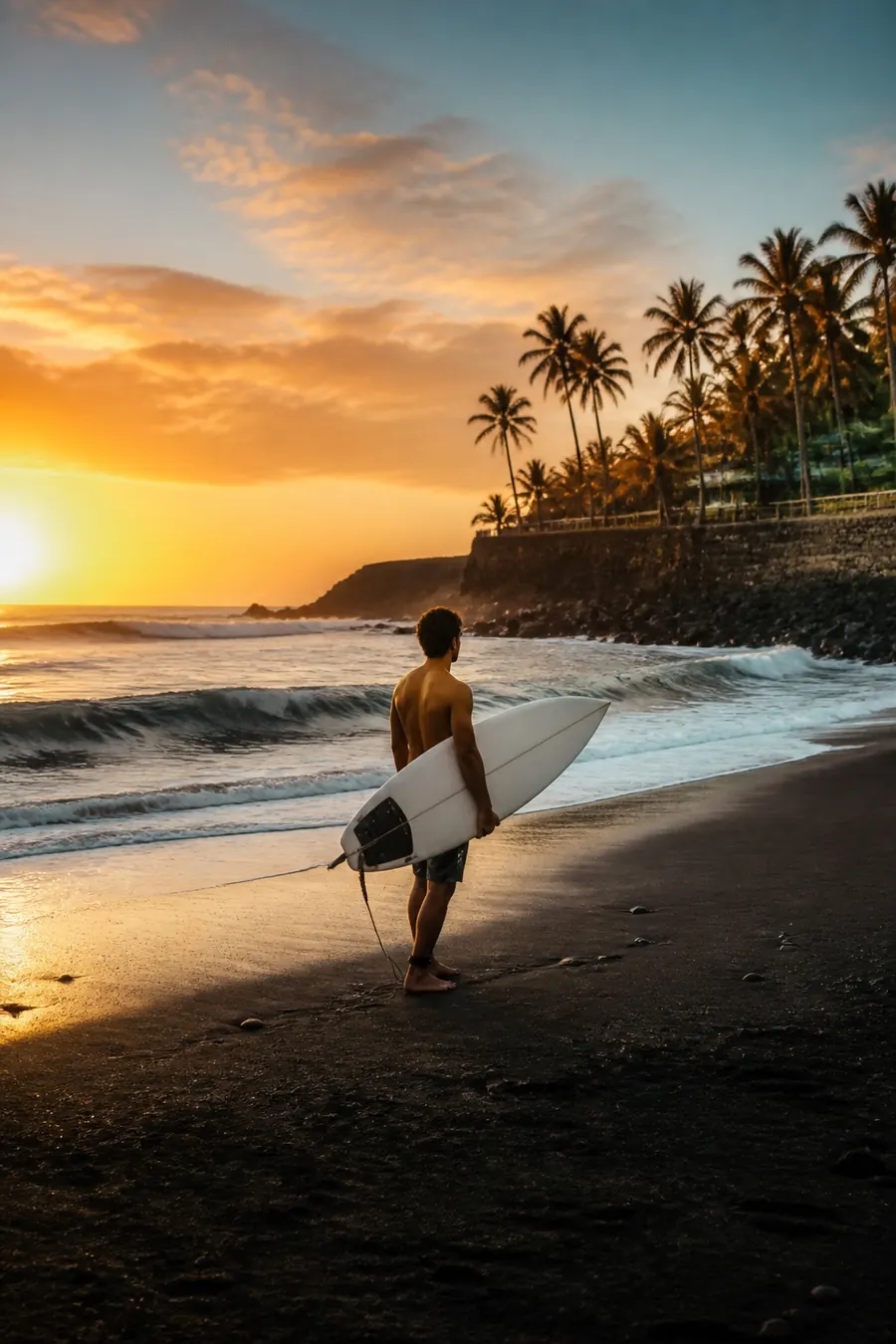 Surfer on a black-sand Pacific beach in El Salvador at sunset